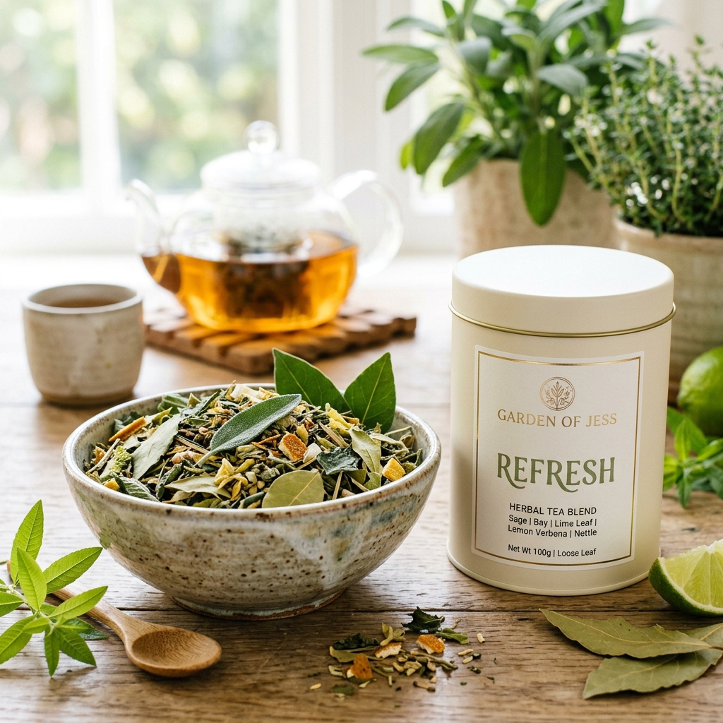 Refresh kruidenthee met salie, laurier, limoenblad en citroenverbena