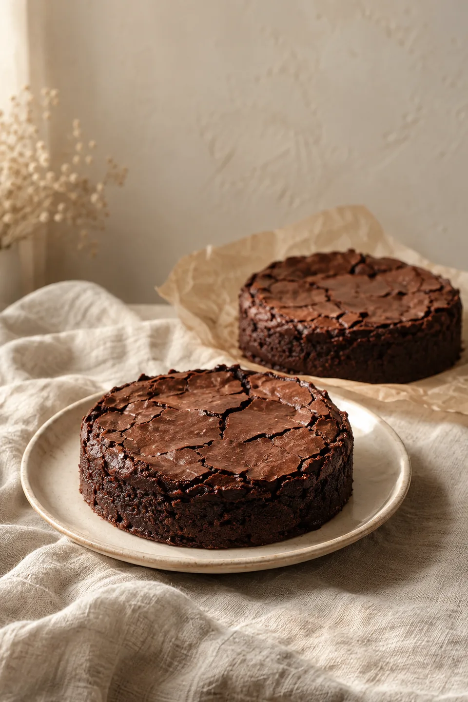 AI-sfeerbeeld van twee chocolade-brownietaarten op een linnen tafel